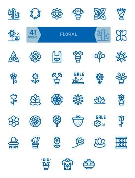 Floral Pixel Optimized Vector Set with 41 256x256 Bold Line Icons Stock Illustration