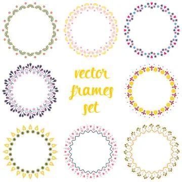 Floral radial frames vector set. Round colorful wreaths for festive folk design Stock Illustration