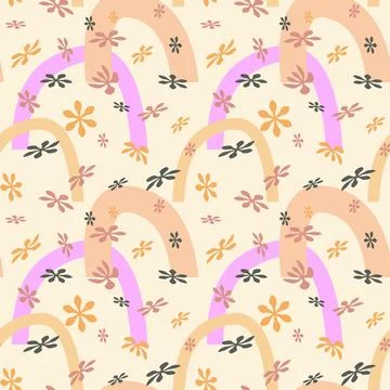 Floral rainbow seamless pattern, hand drawn bono minimal art, doodle cartoon Stock Illustration