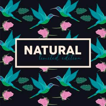 Floral rectangle frame poster with natural word and birds Stock Illustration