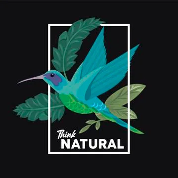 Floral rectangle frame poster with think natural quote and bird 스톡 일러스트