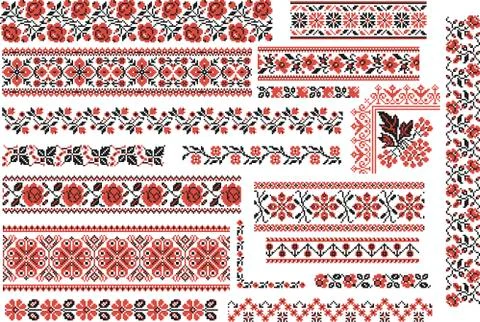 Floral Red and Black Patterns for Embroidery Stitch Stock Illustration