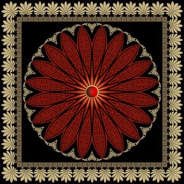 Floral red mandala pattern. Square frame. Vector ornamental background. Decor Illustrazione stock