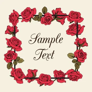 Floral red roses frame with sample text on beige background. イラスト素材