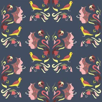 Floral Repeat Pattern With Birds In Pink And Navy Stock Illustration