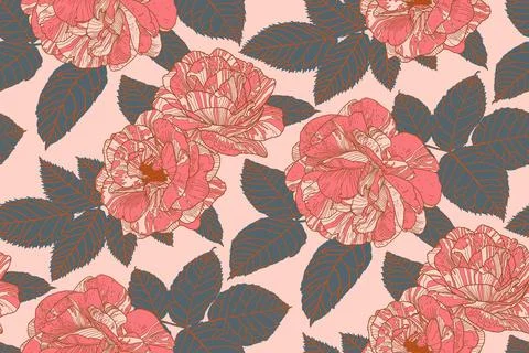 Floral repeating pattern of roses and leaves in coral, pink, dark grey colors Stock Illustration