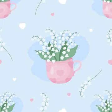 Floral romantic seamless pattern. White flowers May lilies of the valley in cup Stock Illustration