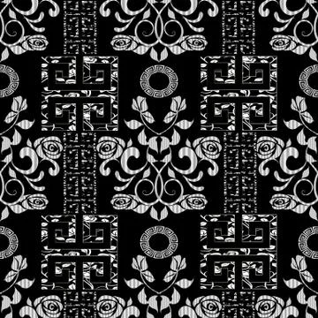 Floral roses seamless pattern. Black vector vintage background. Modern flouri 스톡 일러스트