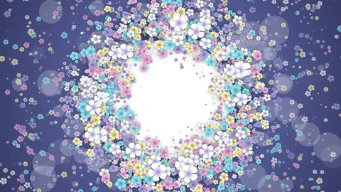 Floral round frame on blue spring background. Small flying flowers Stock Footage 236246342