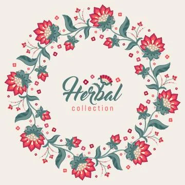 Floral round frame, Jacobean style flowers wreath Illustrazione stock