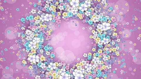 Floral round frame on pink spring background. Small flying flowers Stock Footage 236587787