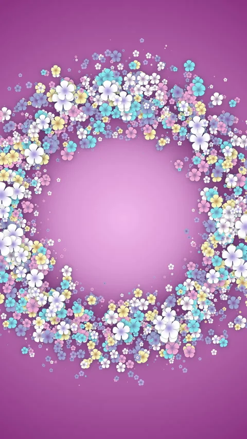 Floral round frame on pink spring background. Small flying flowers with abstract 動画素材 304447663