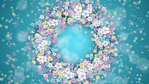 Floral round frame on a turquoise spring background. Small flying flowers 動画素材 235861528