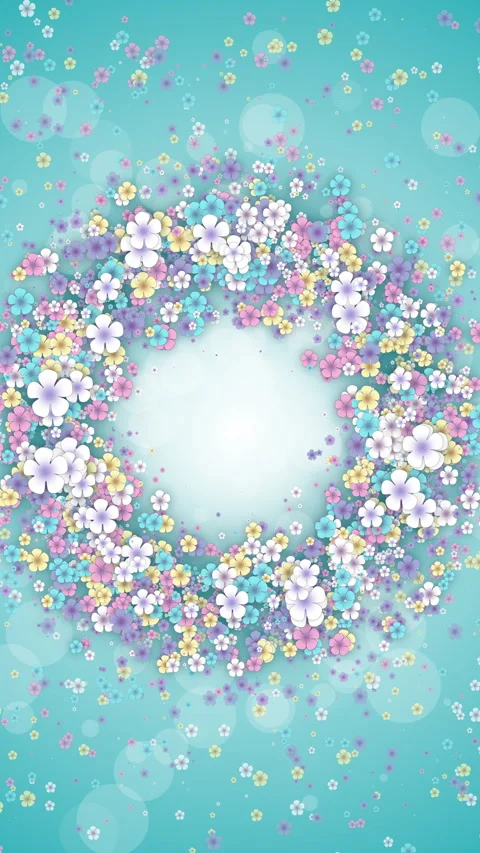Floral round frame on a turquoise spring background. Small flying flowers 動画素材 269997211