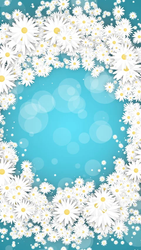 Floral round frame on turquoise spring background. Small flying daisies flowers Stock Footage 302928802
