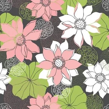Floral s pattern with hand drawn lotus flowers Stock Illustration
