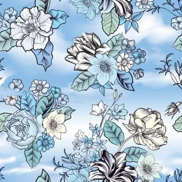 Floral seamless background. Flower pattern over blue sky. Stock Illustration