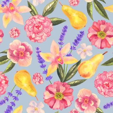 Floral seamless background. Pattern with beautiful watercolor flowers peony and Stock Illustration