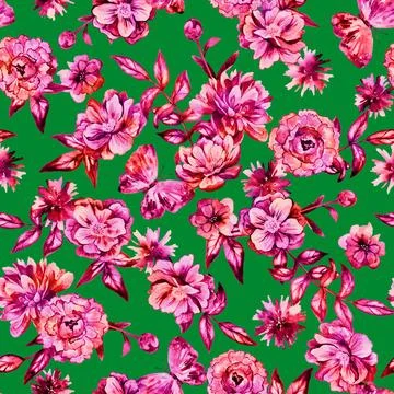 Floral seamless background. Pattern with beautiful watercolor flowers. Botanical Stock Illustration