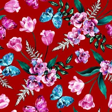 Floral seamless background. Pattern with beautiful watercolor flowers, tulips Stock Illustration