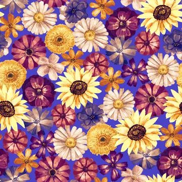Floral seamless background. Pattern with beautiful watercolor flowers. Botanical Stock Illustration