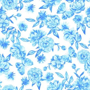 Floral seamless background. Pattern with beautiful watercolor flowers. Botanical Stock Illustration