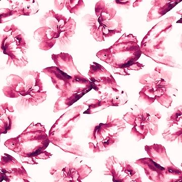 Floral seamless background. Pattern with beautiful watercolor flowers and fish Stock Illustration