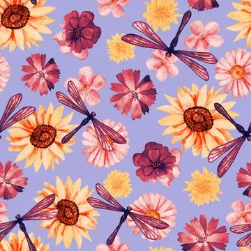 Floral seamless background. Pattern with beautiful watercolor flowers, sunflower Stock Illustration
