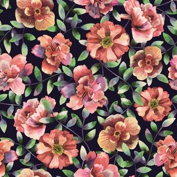 Floral seamless background. Pattern with beautiful watercolor flowers. Botanical Stock Illustration