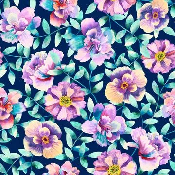 Floral seamless background. Pattern with beautiful watercolor flowers. Botanical Illustration