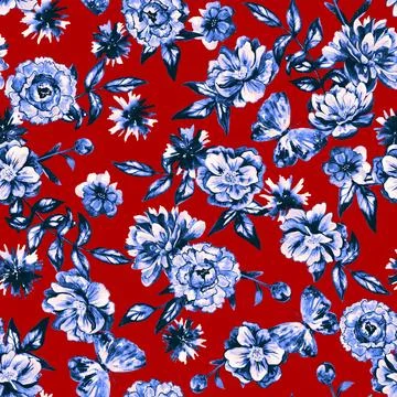 Floral seamless background. Pattern with beautiful watercolor flowers. Botanical Stock Illustration