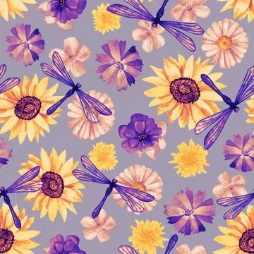 Floral seamless background. Pattern with beautiful watercolor flowers, sunflower Stock Illustration