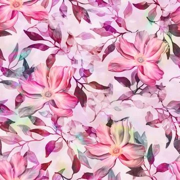 Floral seamless background. Pattern with beautiful watercolor flowers. Botanical Stock Illustration
