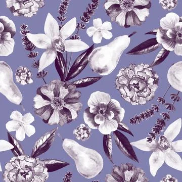 Floral seamless background. Pattern with beautiful watercolor flowers peony and Stock Illustration