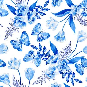 Floral seamless background. Pattern with beautiful watercolor flowers, tulips Stock Illustration