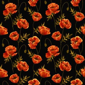 Floral seamless background. Pattern with beautiful watercolor poppy flowers Stock Illustration