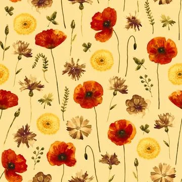 Floral seamless background. Pattern with beautiful watercolor wild meadow Stock Illustration