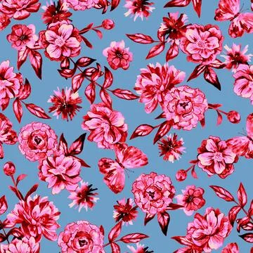 Floral seamless background. Pattern with beautiful watercolor flowers. Botanical Stock Illustration