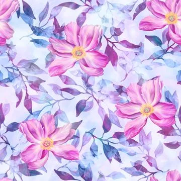 Floral seamless background. Pattern with beautiful watercolor flowers. Botanical Stock Illustration