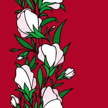 Floral seamless border, repeating border of white flowers on a red background Stock Illustration