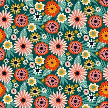 Floral Seamless Half Drop Pattern with Leaves and Flowers in Green, Red, Pink Stock Illustration
