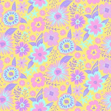 Floral Seamless Half Drop Pattern with Fantasy Leaves and Flowers in Pastel Stock Illustration