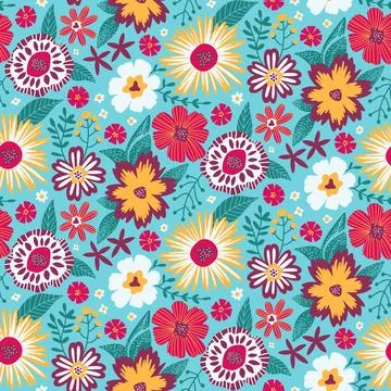 Floral Seamless Half Drop Pattern with Fantasy Leaves and Flowers in Mint Green Stock Illustration