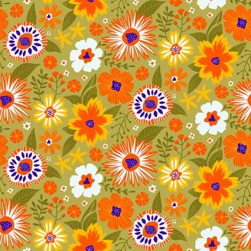 Floral Seamless Half Drop Pattern of Fantasy Flowers in Olive, Yellow, Orange Illustrazione stock