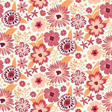 Floral Seamless Half Drop Pattern with Fantasy Leaves and Flowers in Amaranth 스톡 일러스트