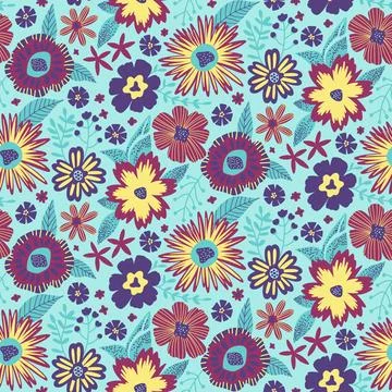 Floral Seamless Half Drop Pattern with Fantasy Leaves and Flowers in Mint Blue Illustrazione stock