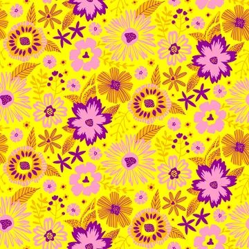 Floral Seamless Half Drop Pattern with Fantasy Leaves and Flowers in Yellow Stock Illustration