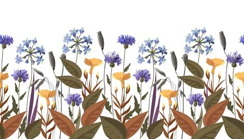 Floral seamless horizontal pattern, border with meadow flowers Illustrazione stock