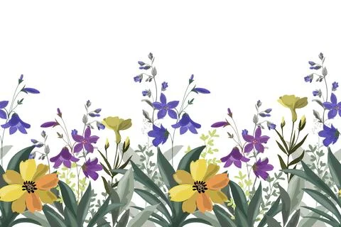 Floral seamless horizontal pattern, border with meadow flowers. Stock Illustration