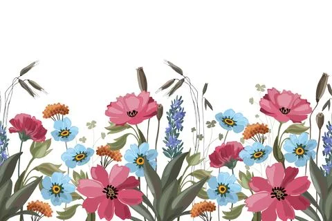 Floral seamless horizontal pattern, border with meadow flowers. 스톡 일러스트